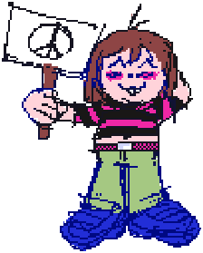 Pixel drawing of Bunny (me!), a pudgy, pale girl wearing a pink and black striped shirt, jeans, sneakers, and with short-ish almost shoulder length straight brown hair with bangs. I'm holding up a sign that has a peace symbol on it!
